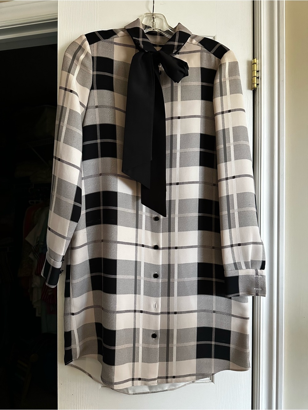 kate spade Black and Cream Plaid Blouse with Neck Tie